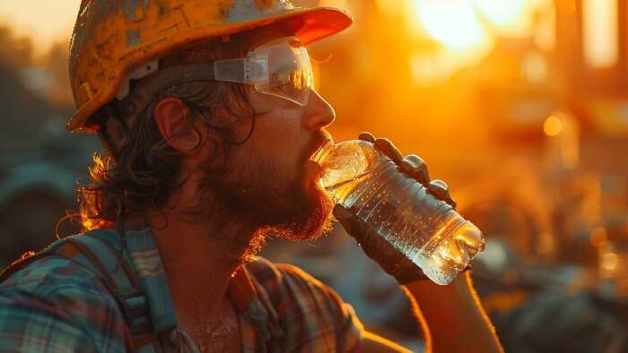 Arbeiter trinkt Wasser auf der Baustelle bei Hitze