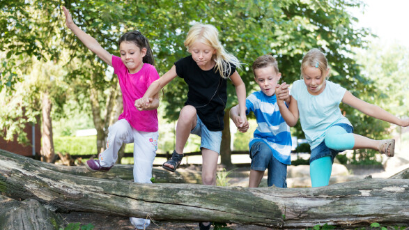 Kinder springen Hand in Hand über Baumstamm