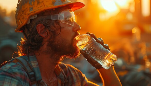 Arbeiter trinkt Wasser auf der Baustelle bei Hitze