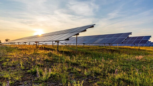 Photovoltaikanlage auf einer Wiese bei Sonnenuntergang